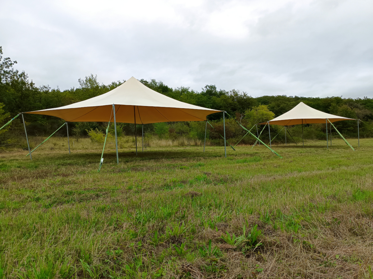 Deux chapiteaux hexagonaux dans uen prairie