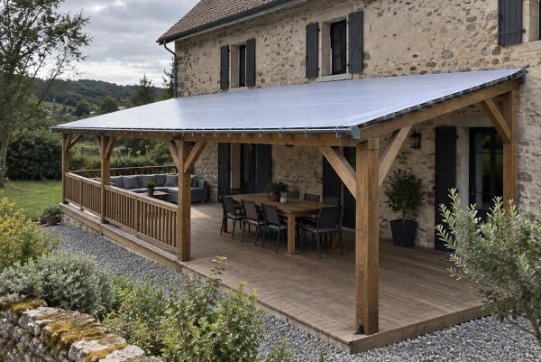 Pergola en bois avec toiture en toile blanche abritant une terrasse aménagée devant une maison en pierre