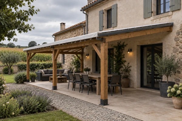 Pergola adossée à une maison avec couverture blanche et terrasse ouverte sur un jardin paysager
